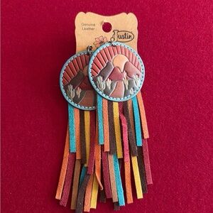 Justin Genuine Leather Sunset Fringe Earrings - Turquoise, Coral, Brown